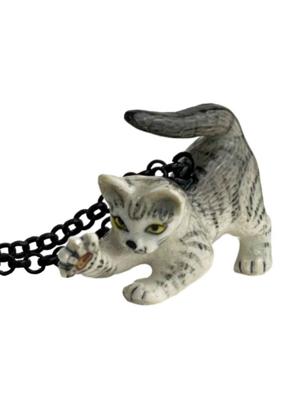 Handmade Miniature Ceramic Playful Gray Striped Kitten Cat Pendant Necklace - Picture 4 of 9